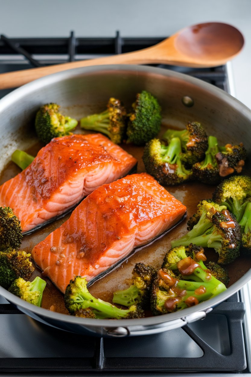 An indoor stovetop skillet with glazed salmon fillets and bright green broccoli florets coated in a glossy honey-garlic sauce. No text or logos present.