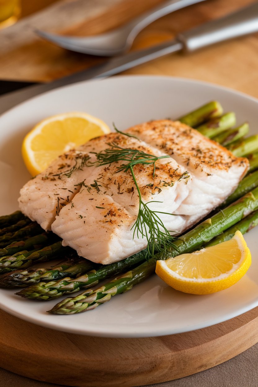 Indoor photo of flaky baked haddock fillet with dill sprigs and lemon rounds on a white plate. No text or logos.