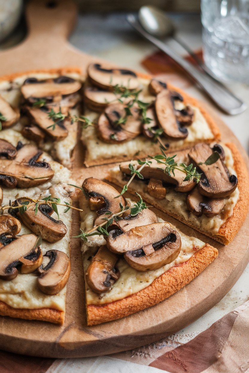 Indoor photo of teff-crust pizza topped with sautéed mushrooms and fresh thyme sprigs on a ceramic board, no text or logos