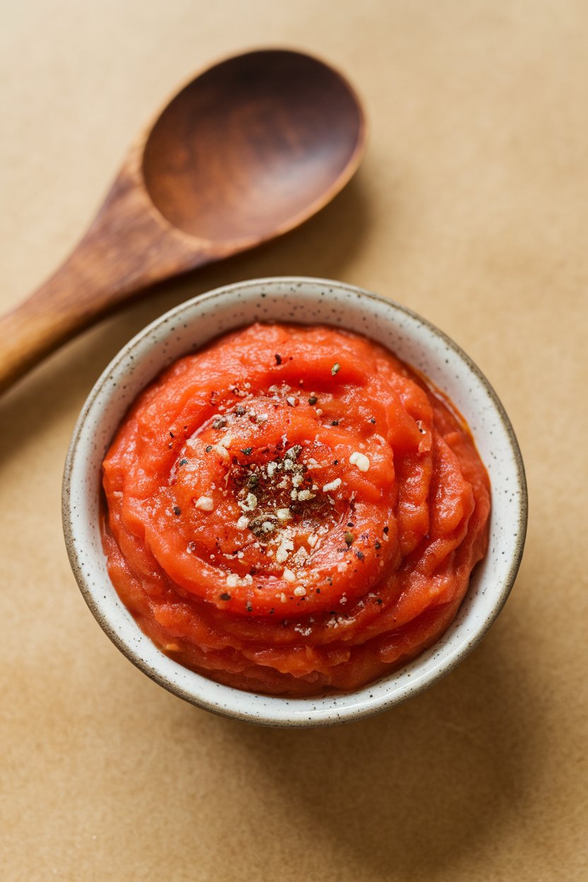 Indoor photo of a small bowl of thick tomato puree sprinkled with black pepper and garlic powder, wooden spoon beside it, no text or logos