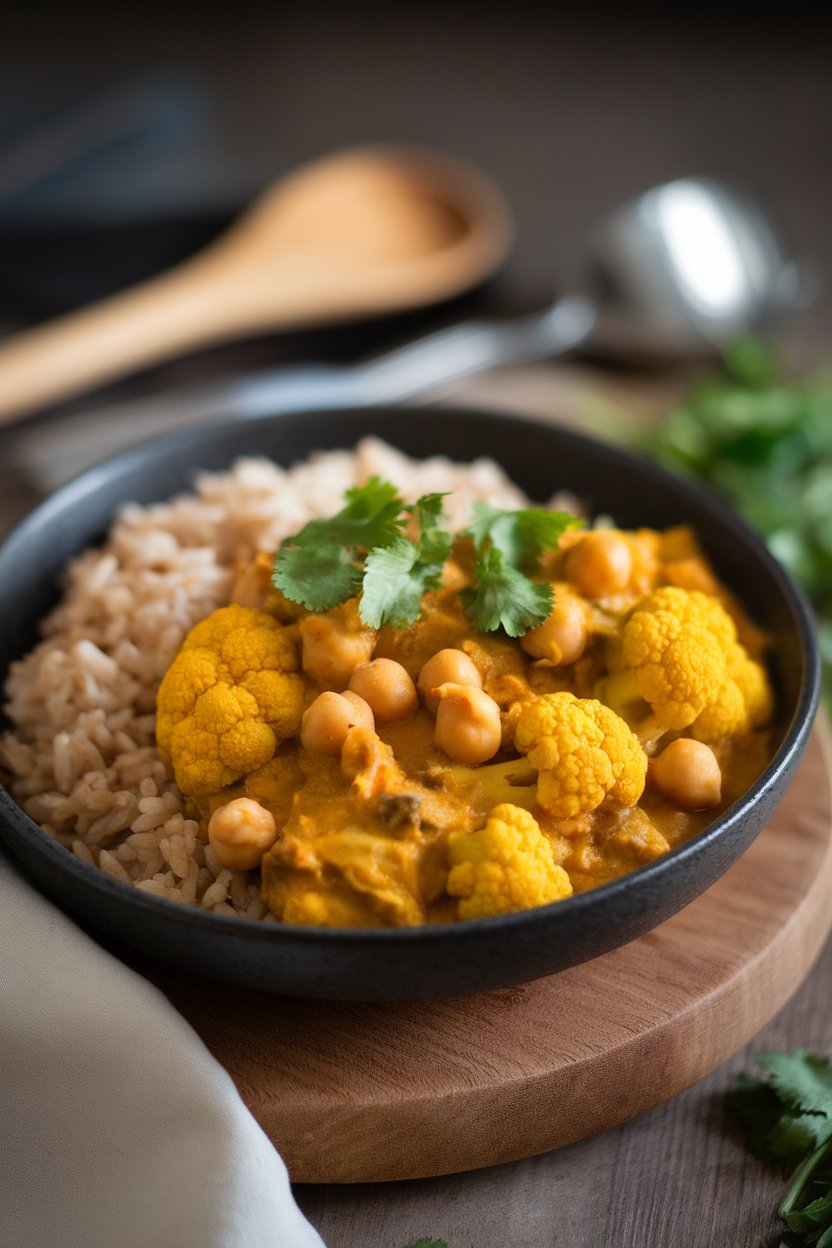 Indoor photo of a bowl of golden cauliflower and chickpea curry with a side of brown rice; soft diffuse light, no text or logos