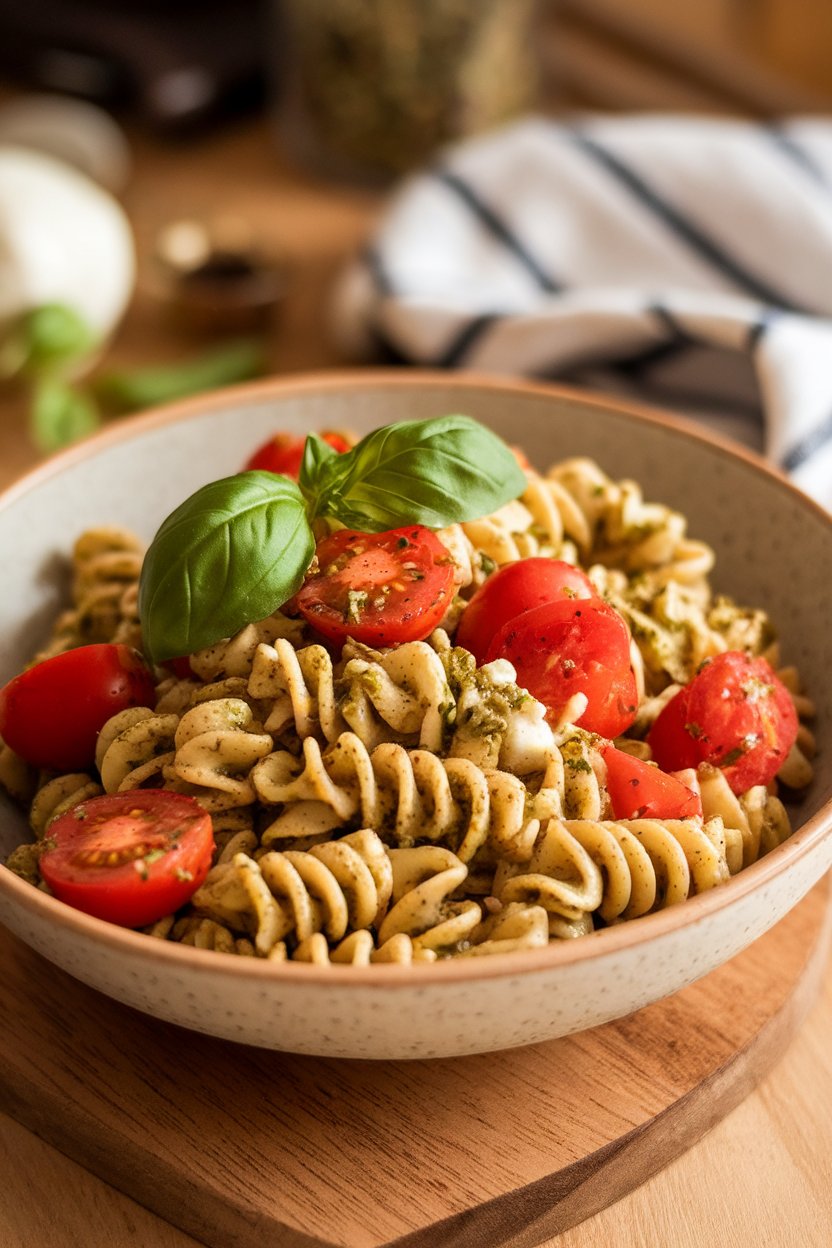 A photo of an indoor salad bowl holding whole-wheat pasta spirals tossed with basil pesto, halved cherry tomatoes, and baby mozzarella; warm lighting, no text or logos