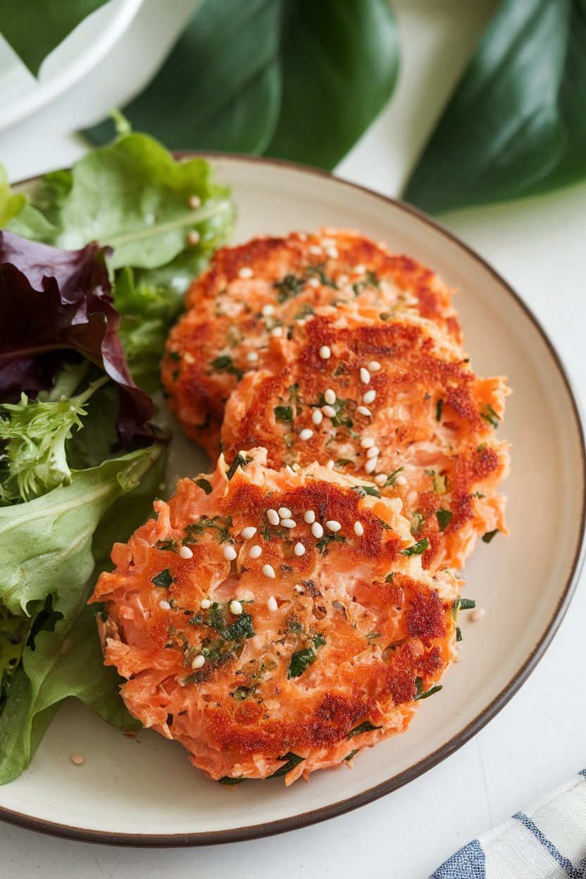 Indoor photo of golden salmon cakes on a plate with sesame seeds and a side of mixed greens, no text or logos