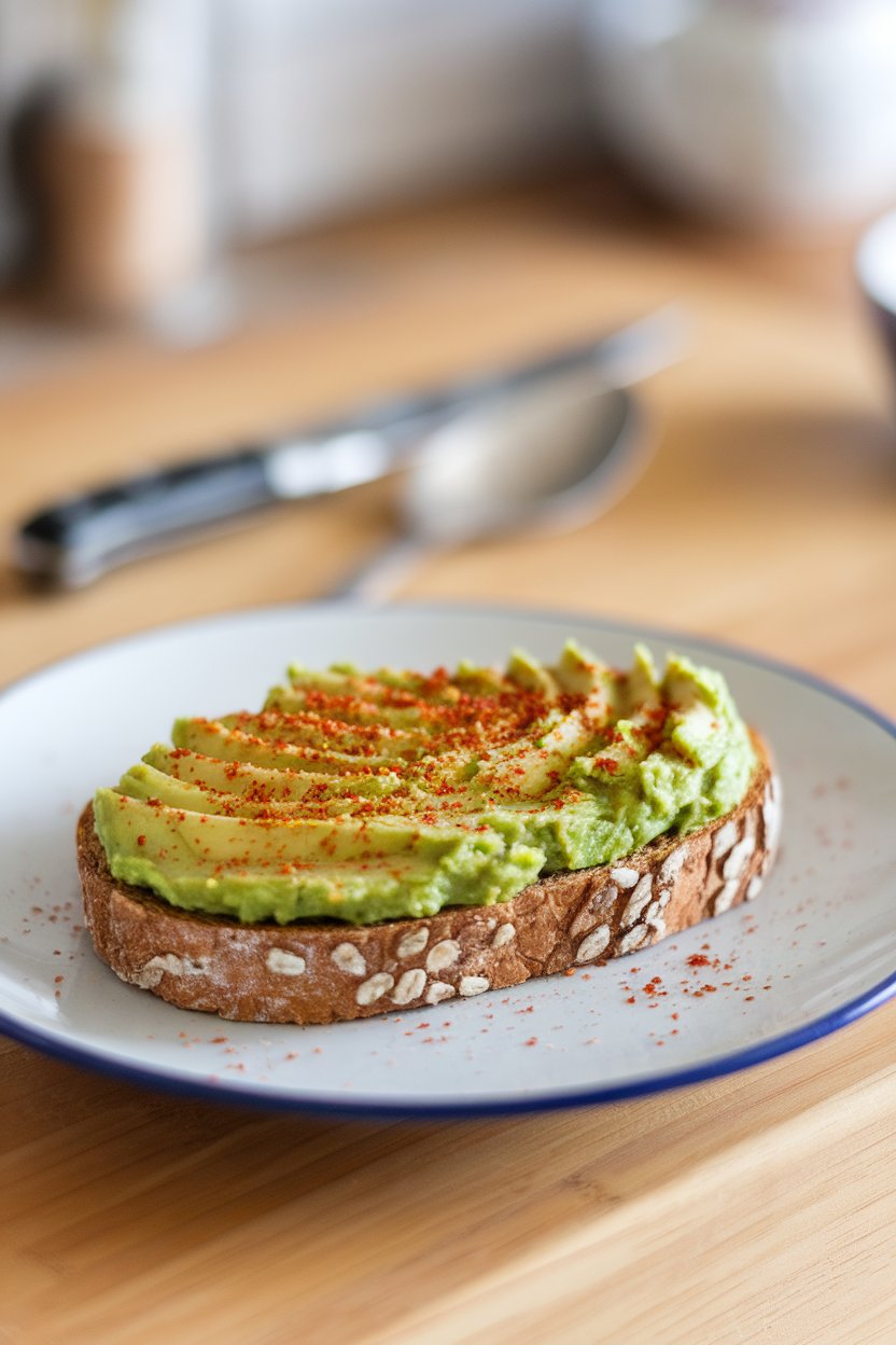 Indoor photo of whole-grain toast spread with vibrant mashed avocado, sprinkled with chili flakes, countertop scene, no text or logos
