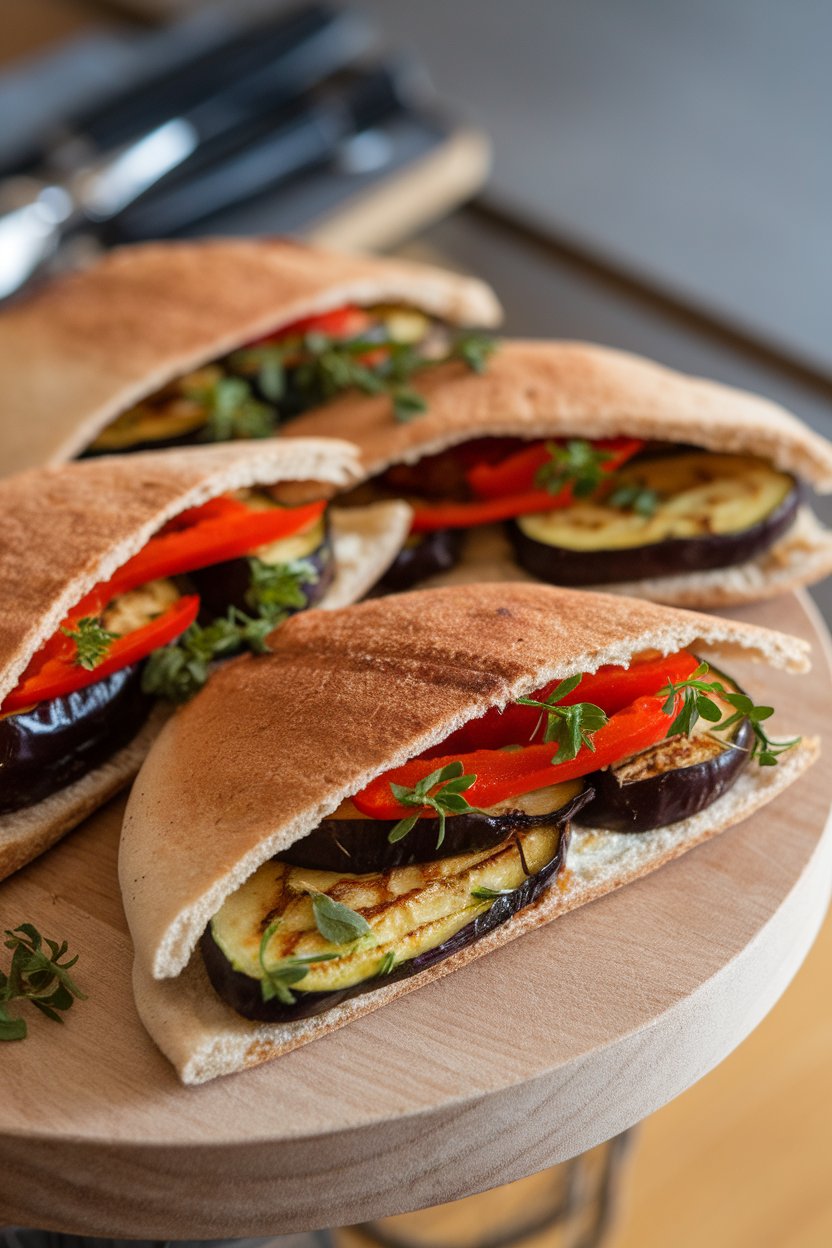 Photo of an indoor serving board holding whole-grain pita halves stuffed with roasted zucchini, eggplant, and red pepper, no text or logos