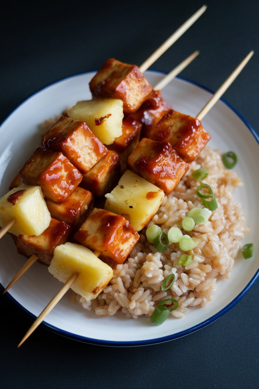 An indoor plate showing wooden skewers threaded with teriyaki-glazed tofu cubes and pineapple chunks, side of brown rice sprinkled with scallions. No logos present.