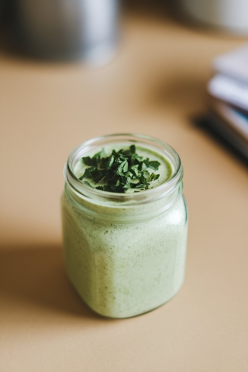 A photo of a small glass jar indoors, showing a light green smoothie sprinkled with chopped parsley; no text or logos.