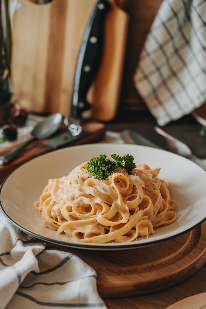 A cozy indoor setting with a plate of fettuccine coated in creamy white sauce, parsley sprinkled over the top. No text or logos.
