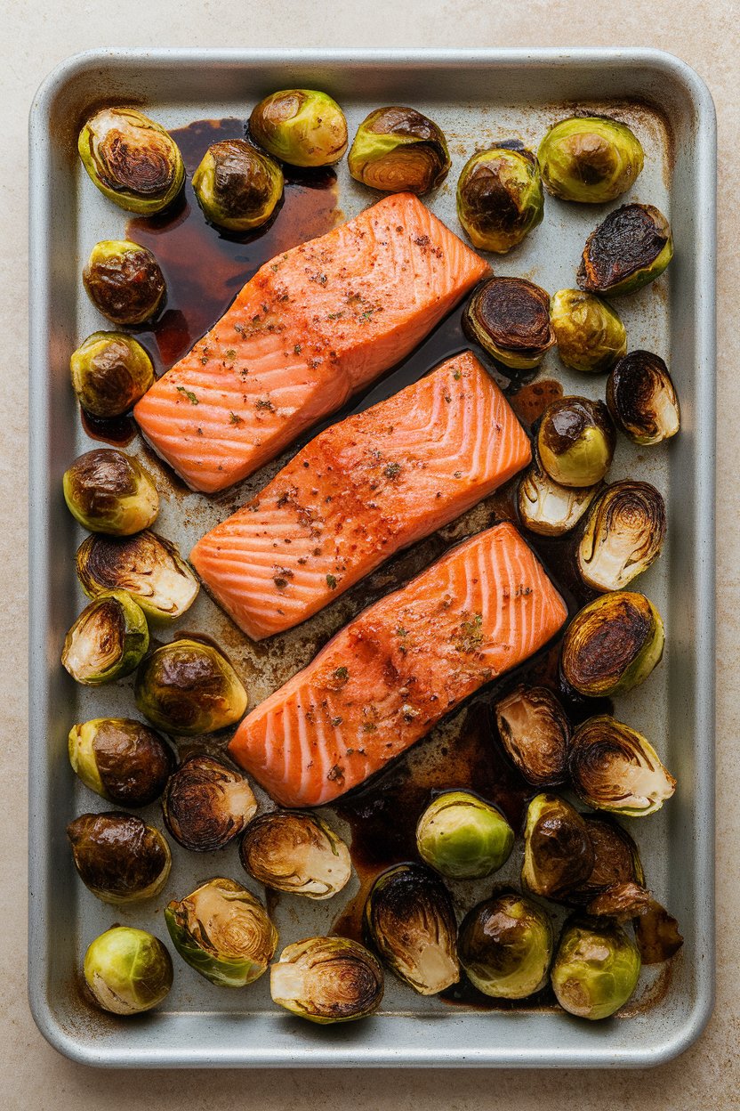An indoor oven-side shot of a sheet pan with balsamic-glazed salmon fillets nestled among caramelized Brussels sprouts halves. No text or logos appear.