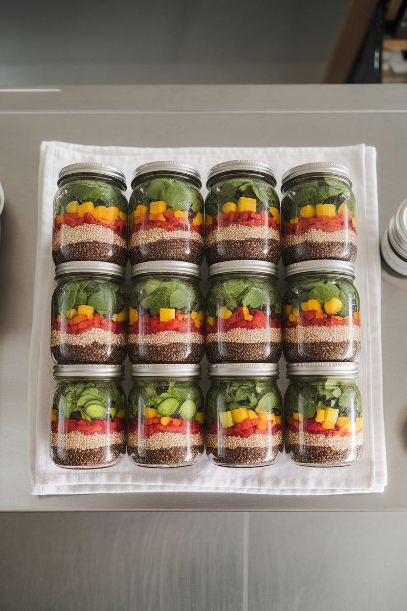 An indoor counter displaying stacked mason jars layered with greens, quinoa, black beans, and bright veggies; overhead shot, no logos. Photo.