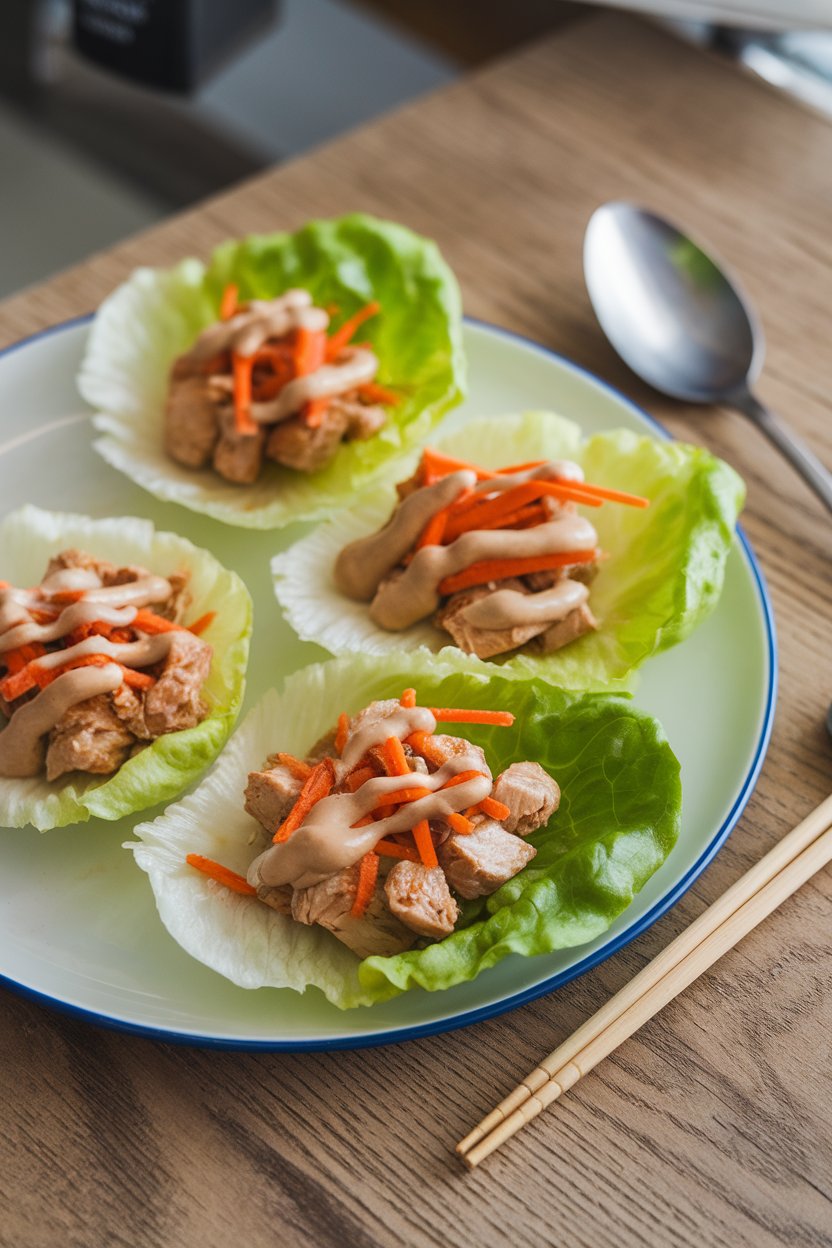 An indoor dinner plate with butter lettuce cups filled with diced chicken, shredded carrots, and a light peanut sauce drizzle. No text or logos. Photo.
