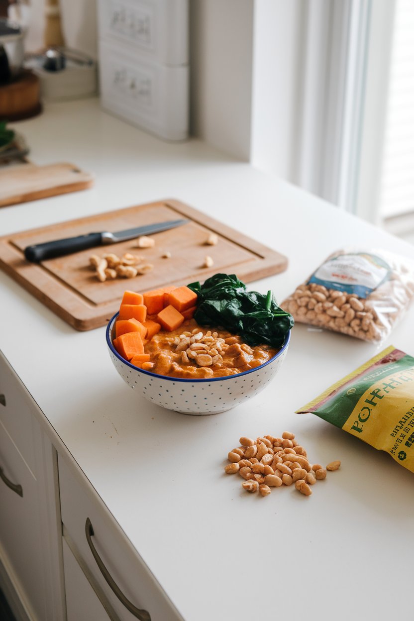 Indoor brightly lit kitchen counter with bowl of peanut stew, sweet potato cubes and spinach visible, chopped peanuts on top. No text or logos. Photo.