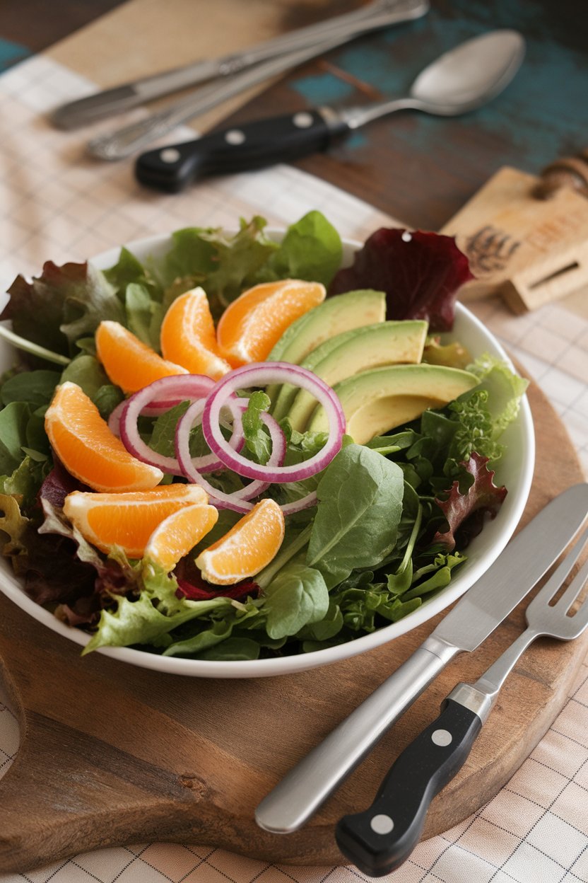 Photo of mixed greens topped with orange segments, avocado slices, and red onion rings, taken indoors. No text or logos visible.
