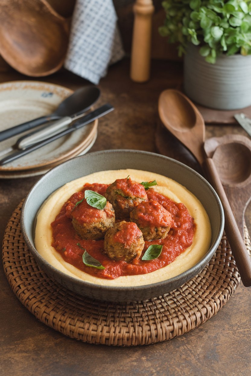 Indoor rustic kitchen table featuring a shallow bowl of creamy polenta topped with turkey meatballs in chunky marinara sauce and fresh basil. Photo, no text or logos.