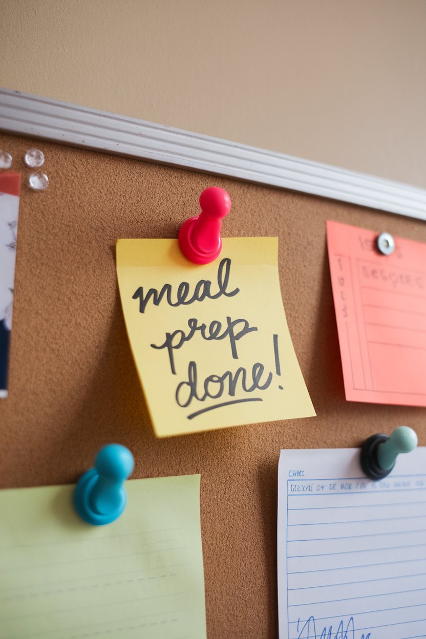 An indoor bulletin board with a pinned sticky note reading “Meal Prep Done!” written by hand, no printed logos, photo only
