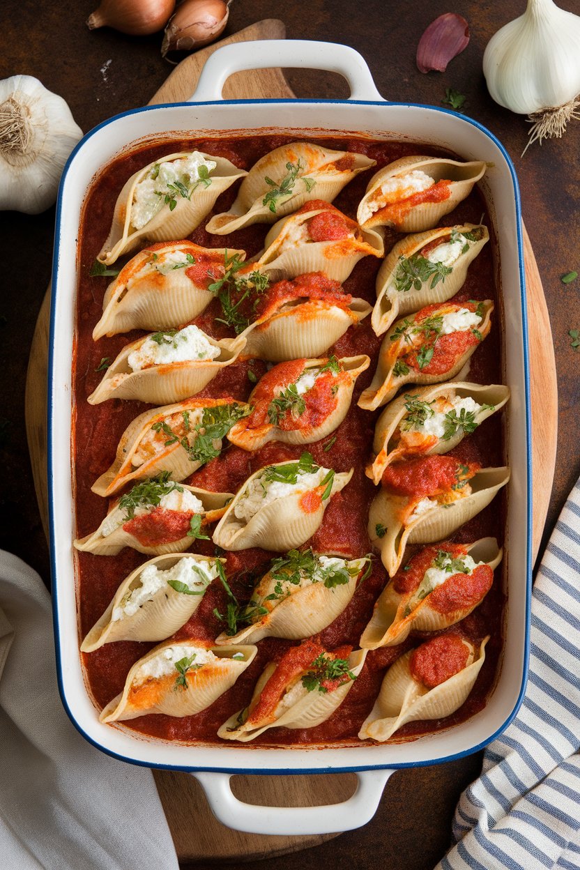 Indoor casserole of jumbo shells filled with ricotta and herbs, nestled in marinara, lightly browned. No text or logos.