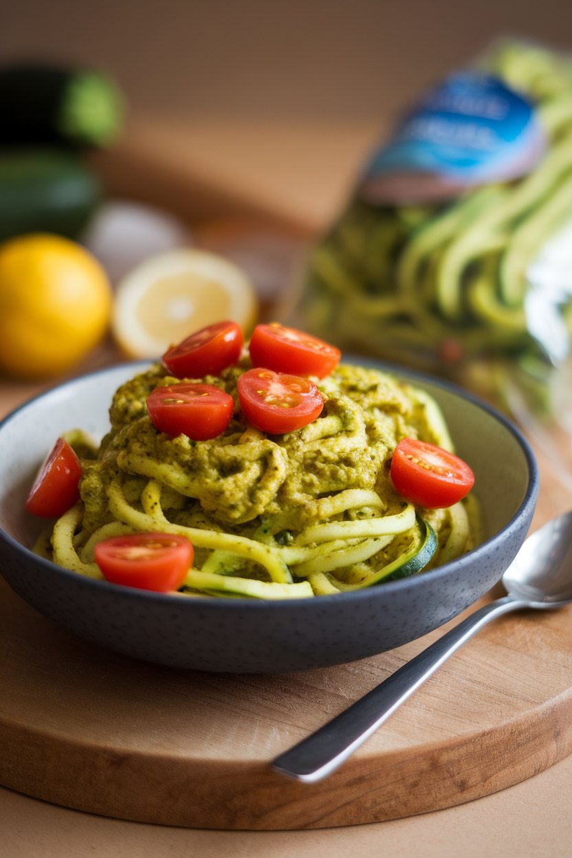 Indoor bowl of zucchini noodles coated in bright green pesto, dotted with halved cherry tomatoes—soft evening light, no text or logos.