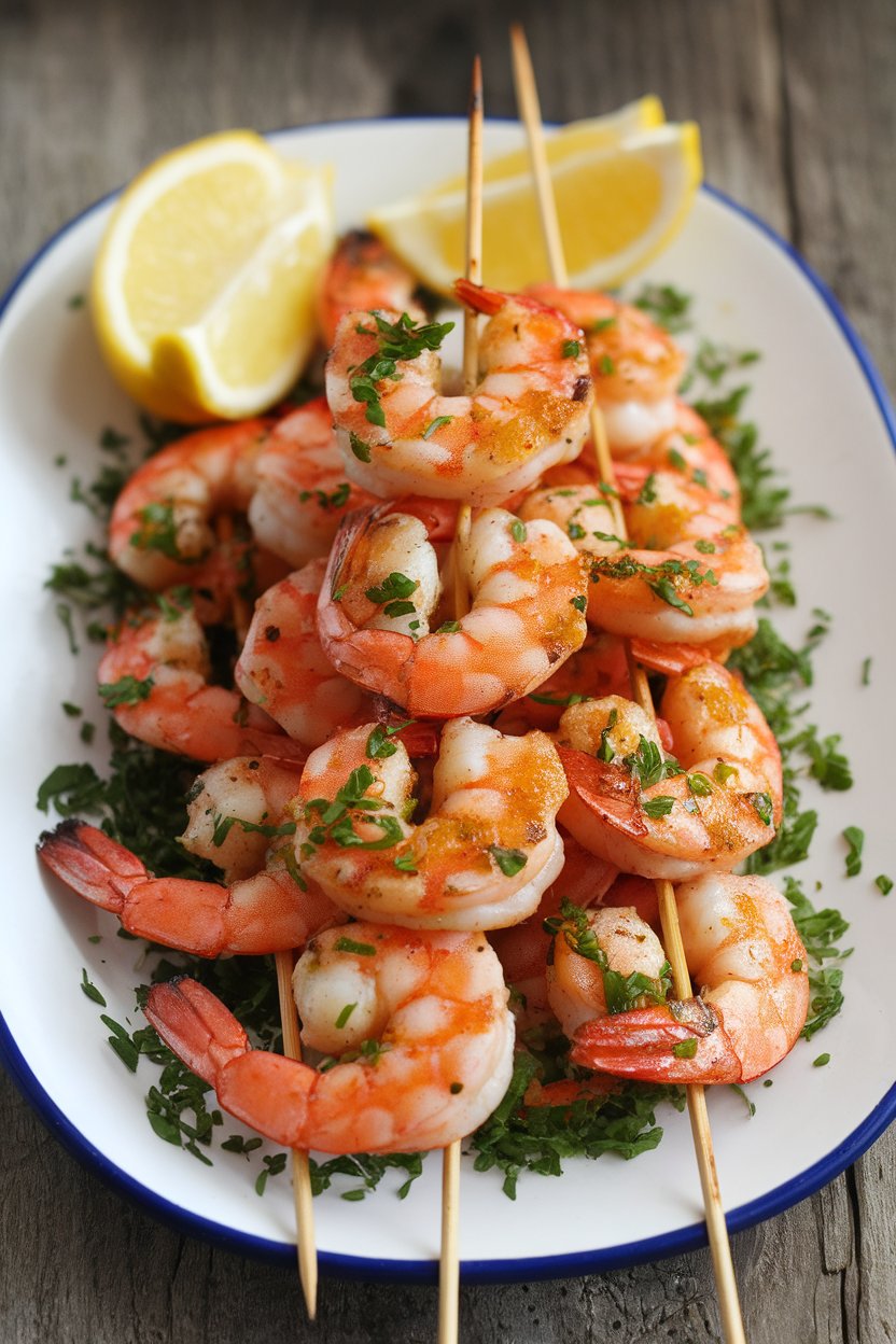 Indoor platter holding grilled shrimp skewers glazed with citrus, alongside lemon wedges. No text or logos.
