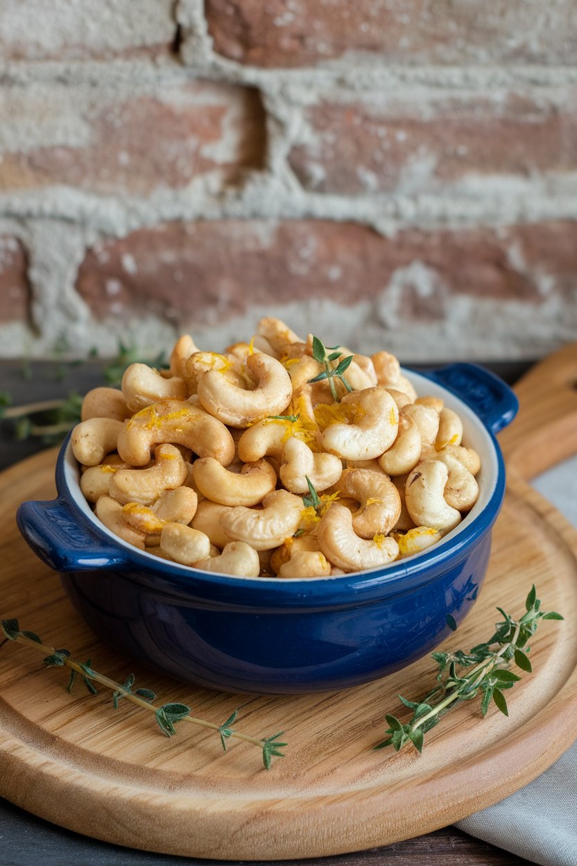 Photo of an indoor ceramic dish of roasted cashews flecked with lemon zest and thyme leaves, no text or logos.