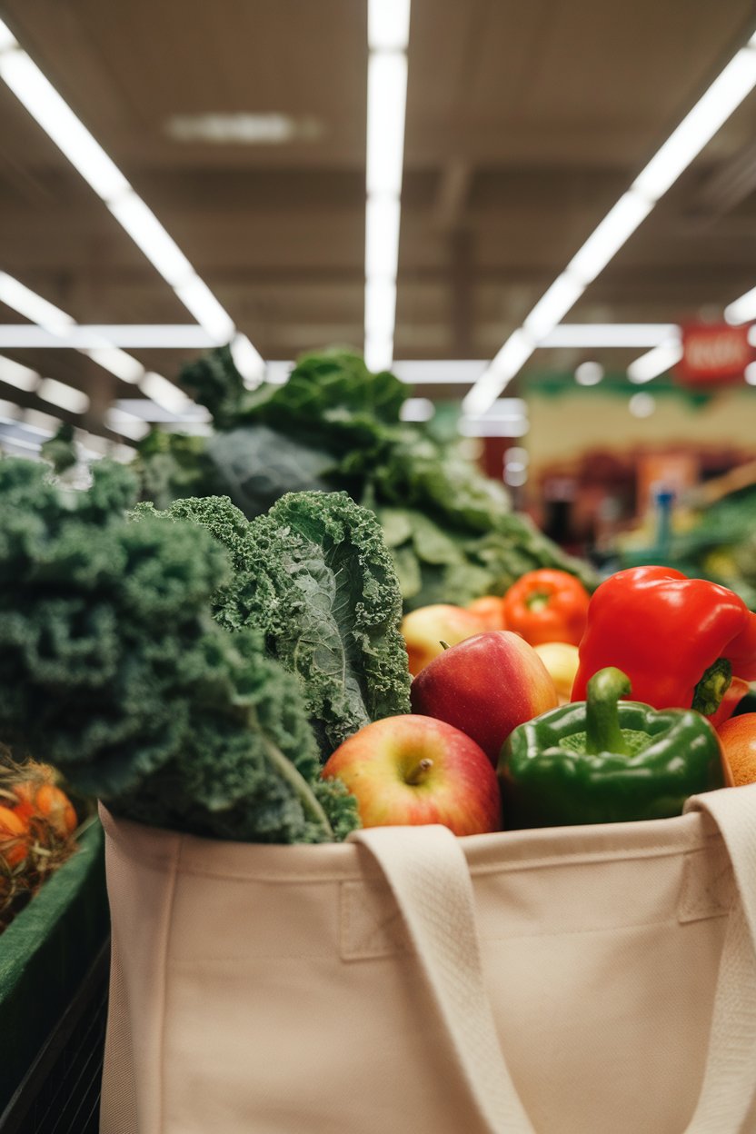 Photo of an indoor produce section close-up on a reusable tote filled with kale, apples, and bell peppers; overhead grocery lighting; no text or logos.