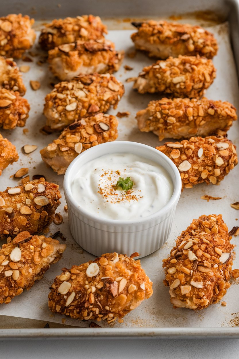 An indoor baking tray with golden almond-crusted chicken tenders arranged neatly beside a ramekin of yogurt dip. No text or branding. Photo.