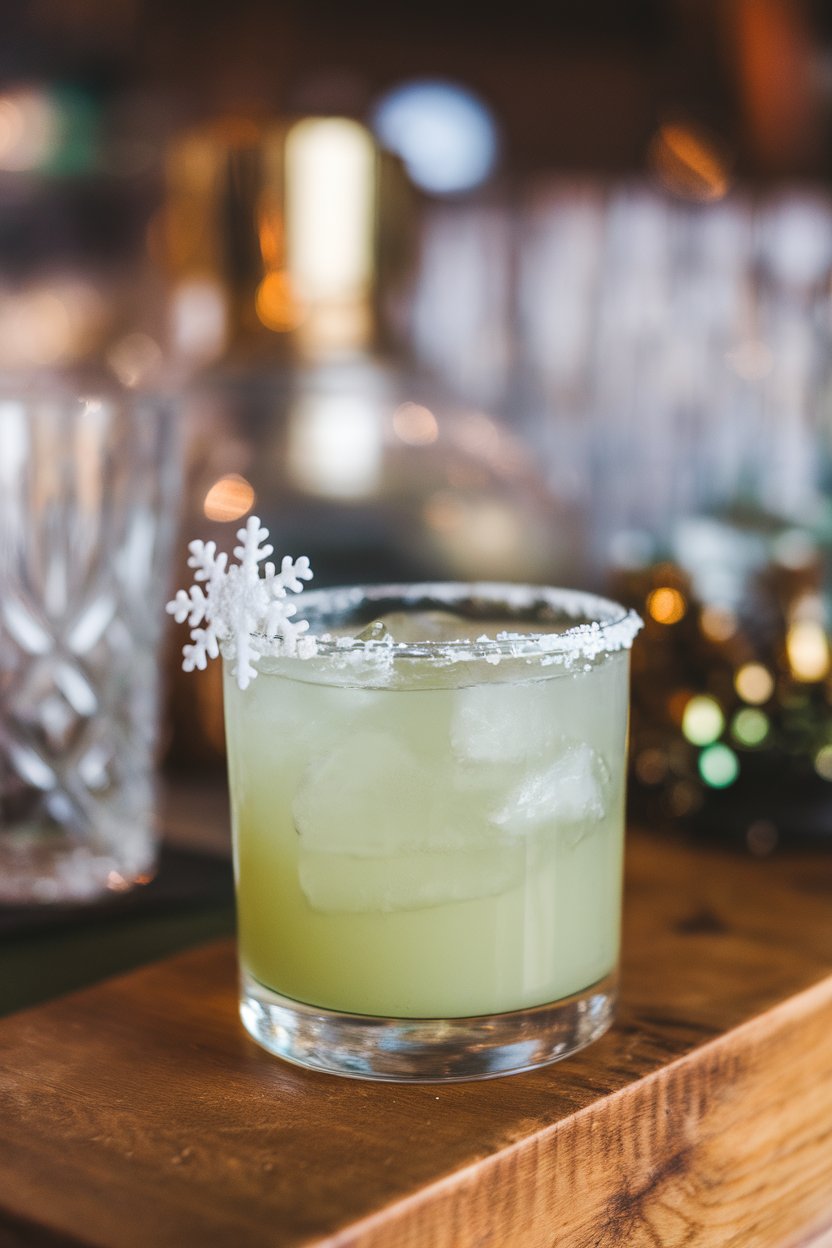 Indoor cocktail bar, rocks glass of pale green margarita, tiny candy-snowflake garnish on rim; no logos.