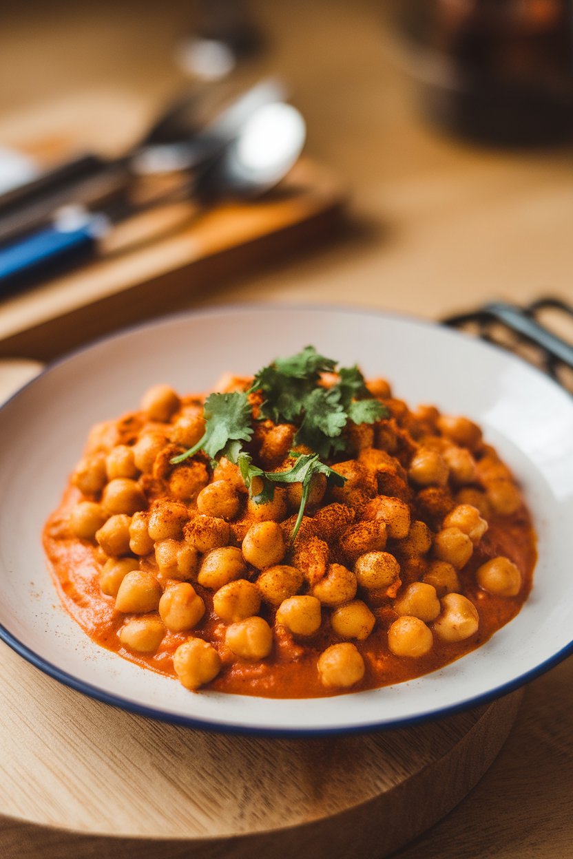 Indoor photo of chickpeas in creamy tomato sauce, sprinkled with garam masala and cilantro, no text or logos