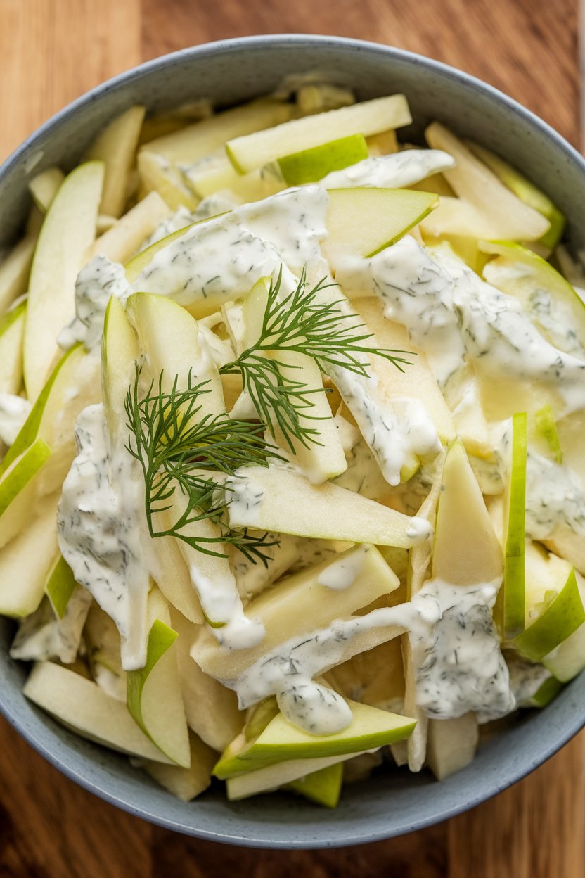 Photo prompt: Indoor salad bowl of julienned celeriac and green apple tossed in light yogurt-mustard dressing, dill garnish. No text or logos.