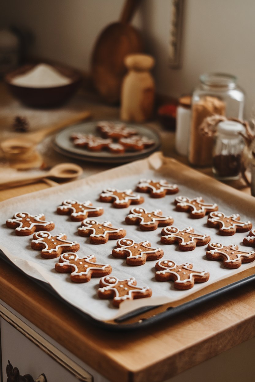 A warmly lit indoor scene featuring a parchment-lined baking sheet of almond-flour gingerbread cookies shaped like little people, lightly dusted with coconut sugar, on a wooden countertop. No text or logos present; photography, not illustration.