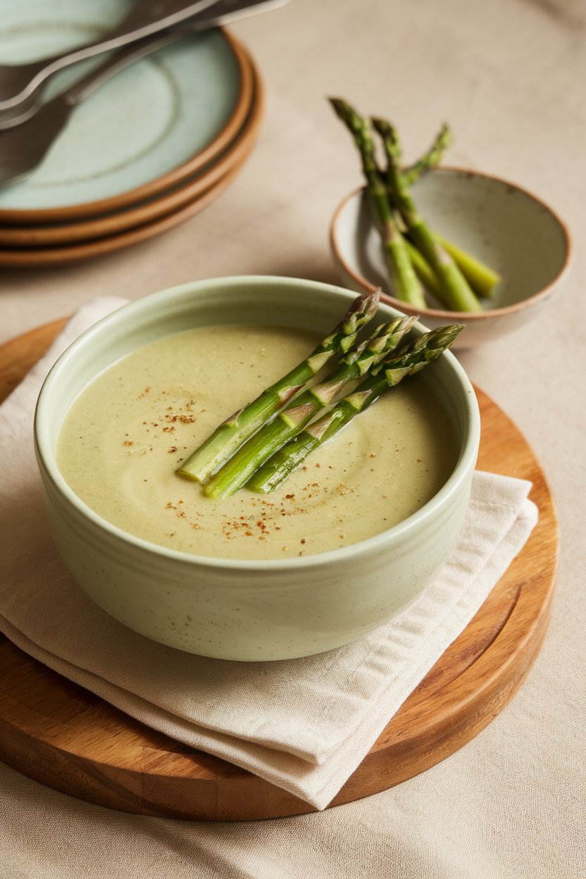 Indoor brunch table with a pale green bowl of cream of asparagus soup, asparagus tips on top. No text or logos. Photo.