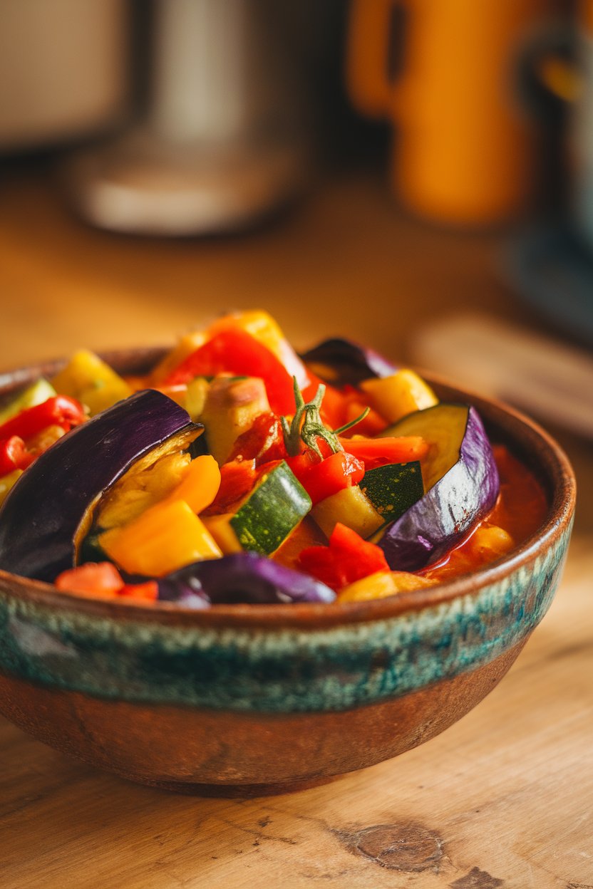 Indoor photo of a colorful vegetable stew featuring eggplant, zucchini, bell peppers, and tomatoes in a rustic bowl, no text or logos