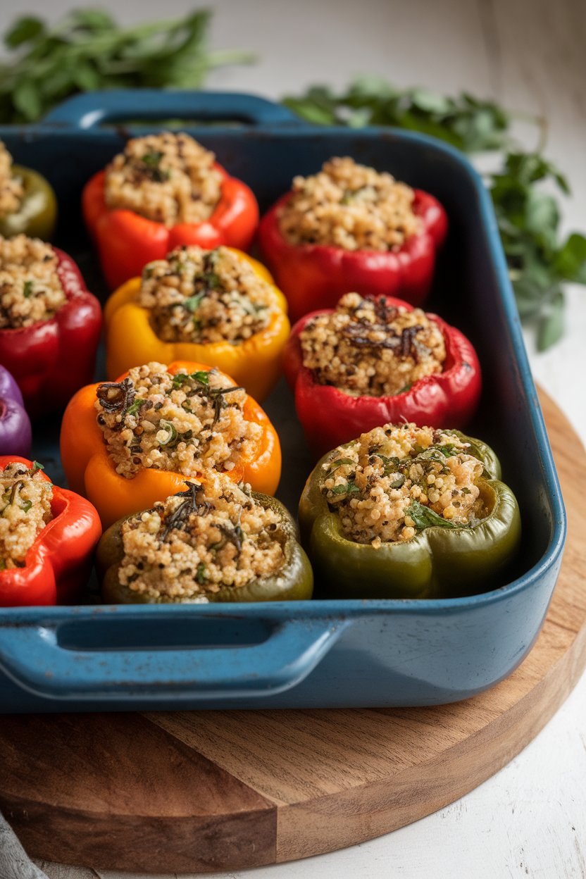 Baking dish indoors containing colorful mini bell peppers filled with herbed quinoa, tops slightly browned. No text or logos.
