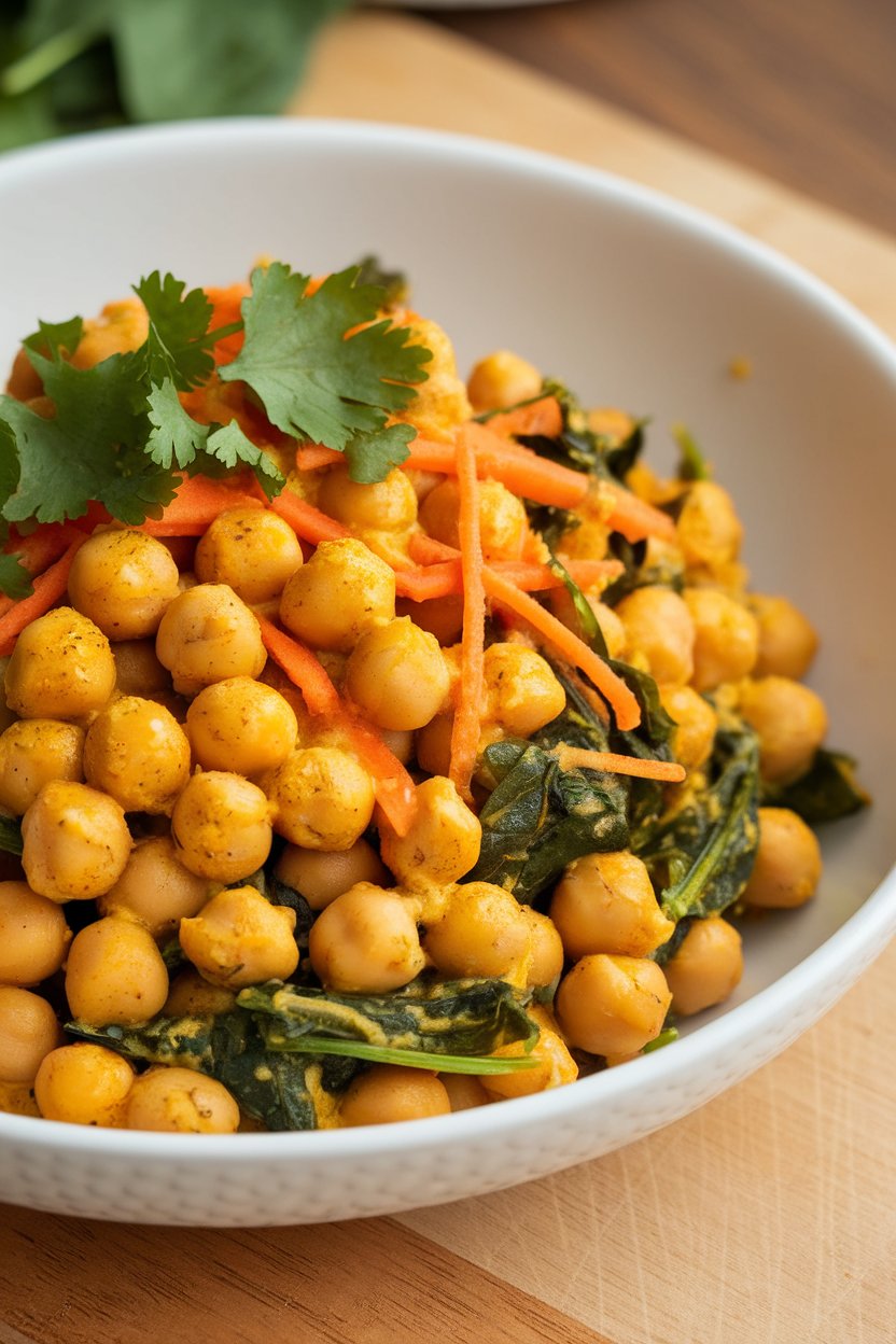 Photo of chickpeas coated in golden turmeric dressing with spinach and shredded carrot, indoors, no text or logos.