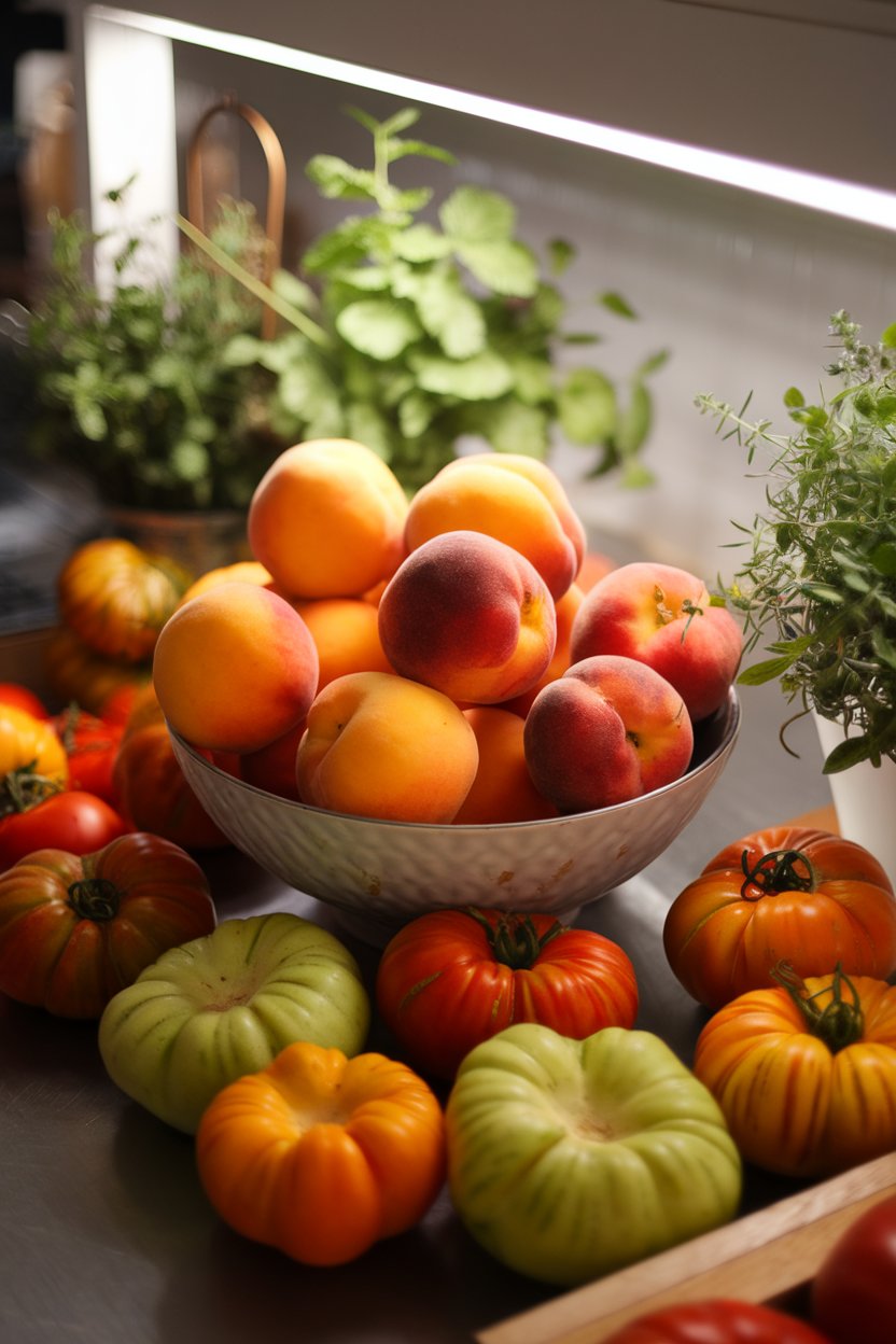 Indoor farmers-market style display on a countertop featuring a bowl of ripe peaches and heirloom tomatoes under soft light, no logos.