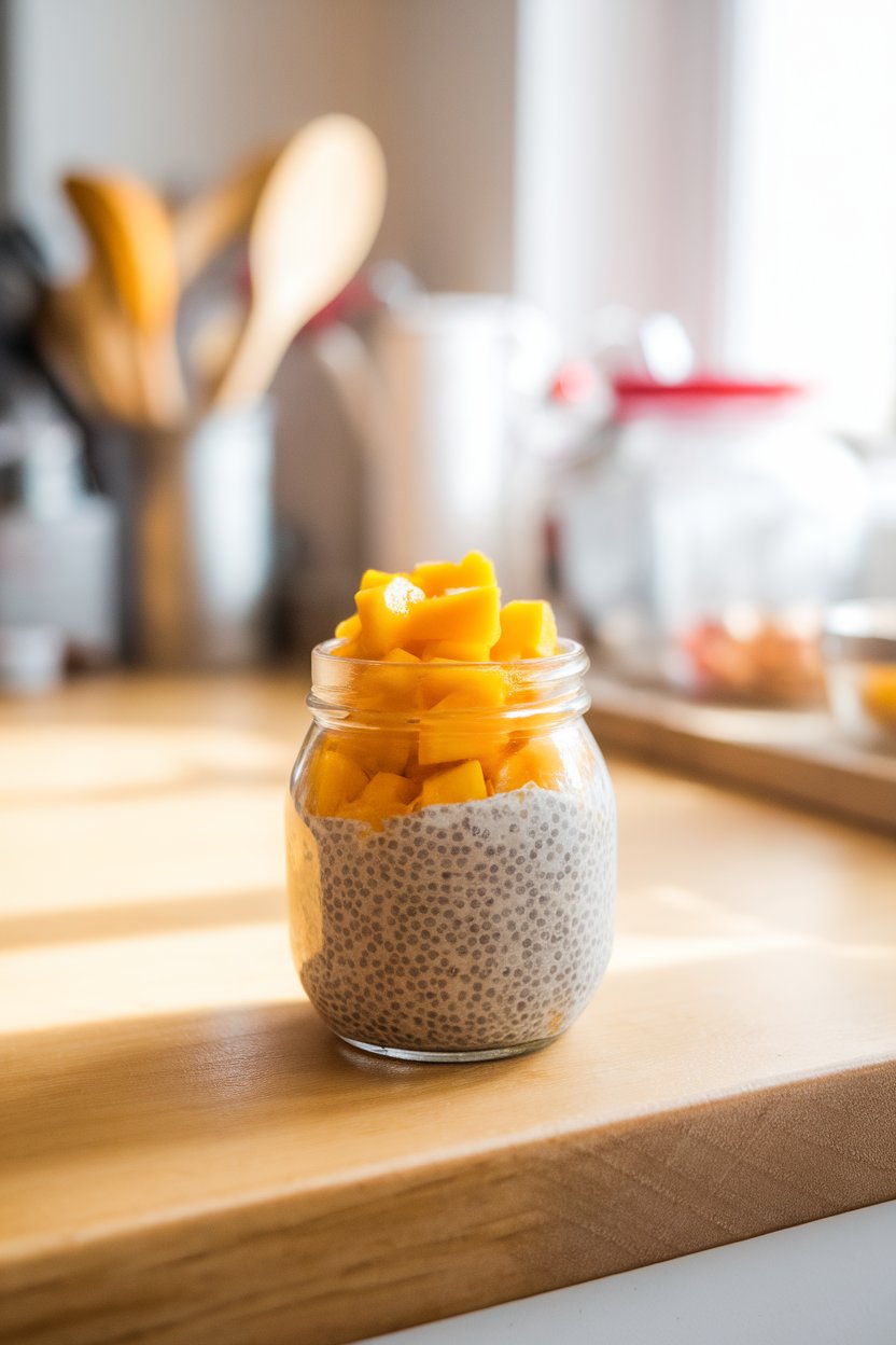 A photo of a small glass jar inside a brightly lit indoor kitchen, filled with vanilla chia pudding topped with diced mango. No text or logos.