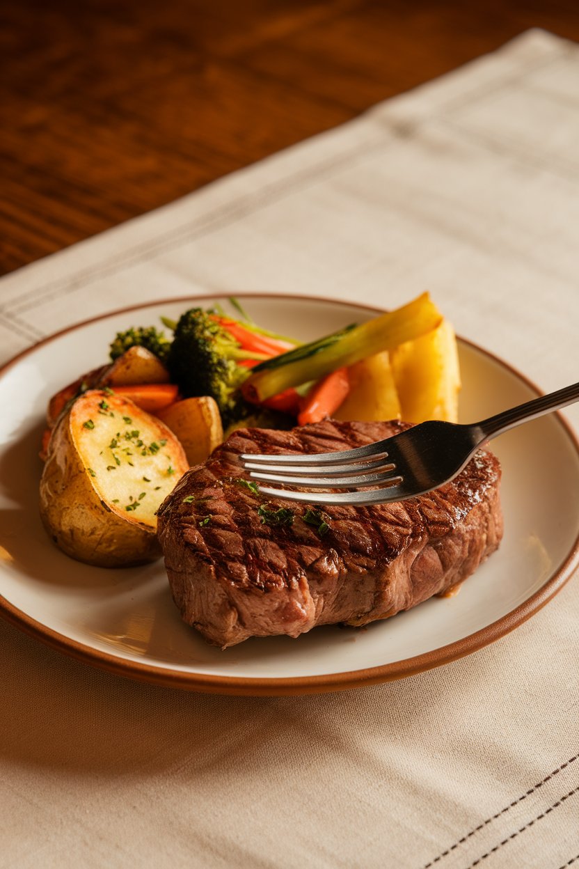Photo of a dinner plate with a fork resting on the edge mid-meal, indoor warm lighting, no text or logos.