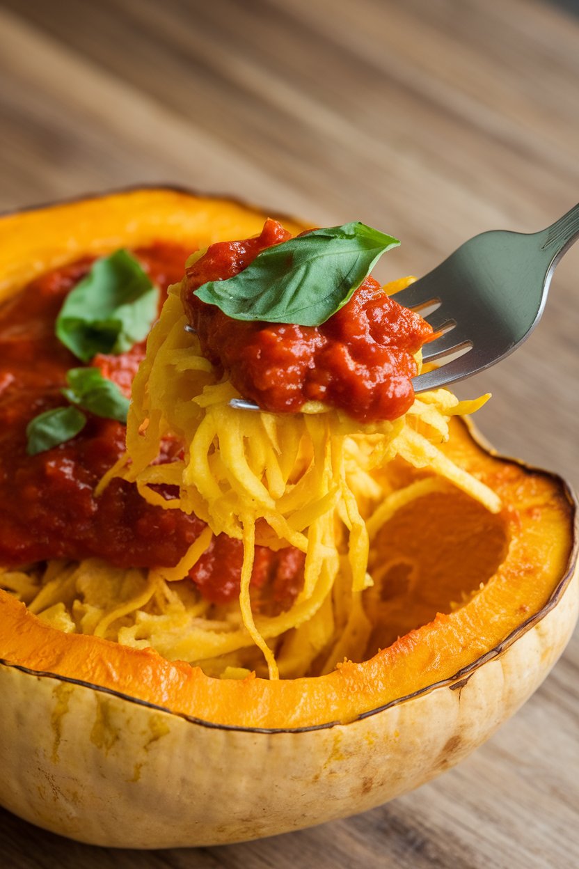 Indoor photo of roasted spaghetti squash strands twirled on a fork, glossy marinara and fresh basil on top, no text or logos.