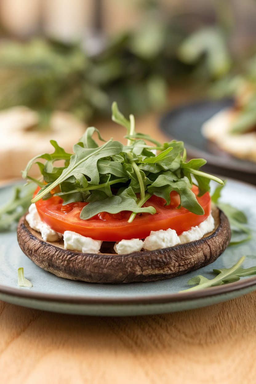 Indoor photo of a bunless grilled portobello cap topped with tomato, arugula, and goat cheese on a plate; no text or logos.