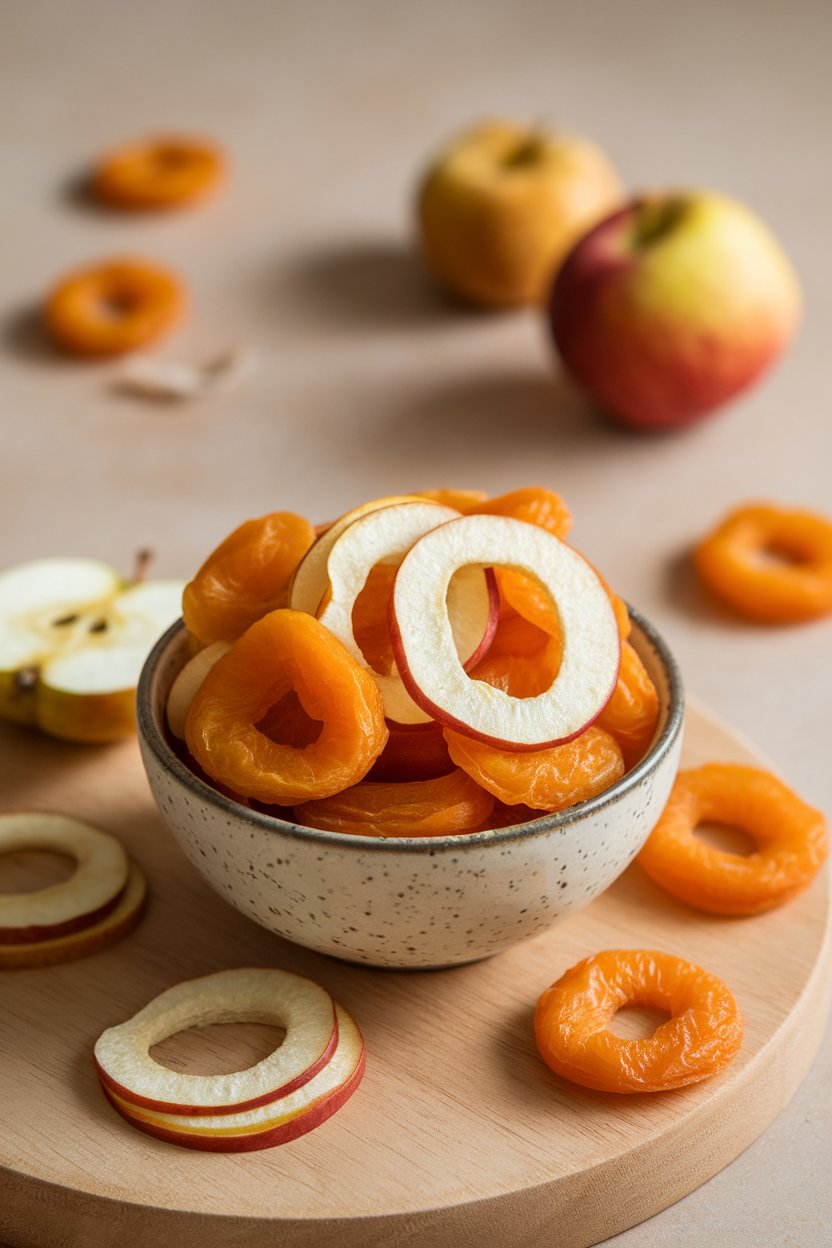 Indoor photo of a small bowl filled with unsweetened dried apricots and apple rings, neutral background, no text or logos