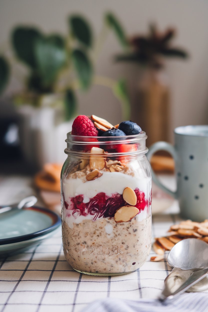 A mason jar on an indoor breakfast table filled with layered overnight oats, berries, and sliced almonds. Photo, no text or logos.