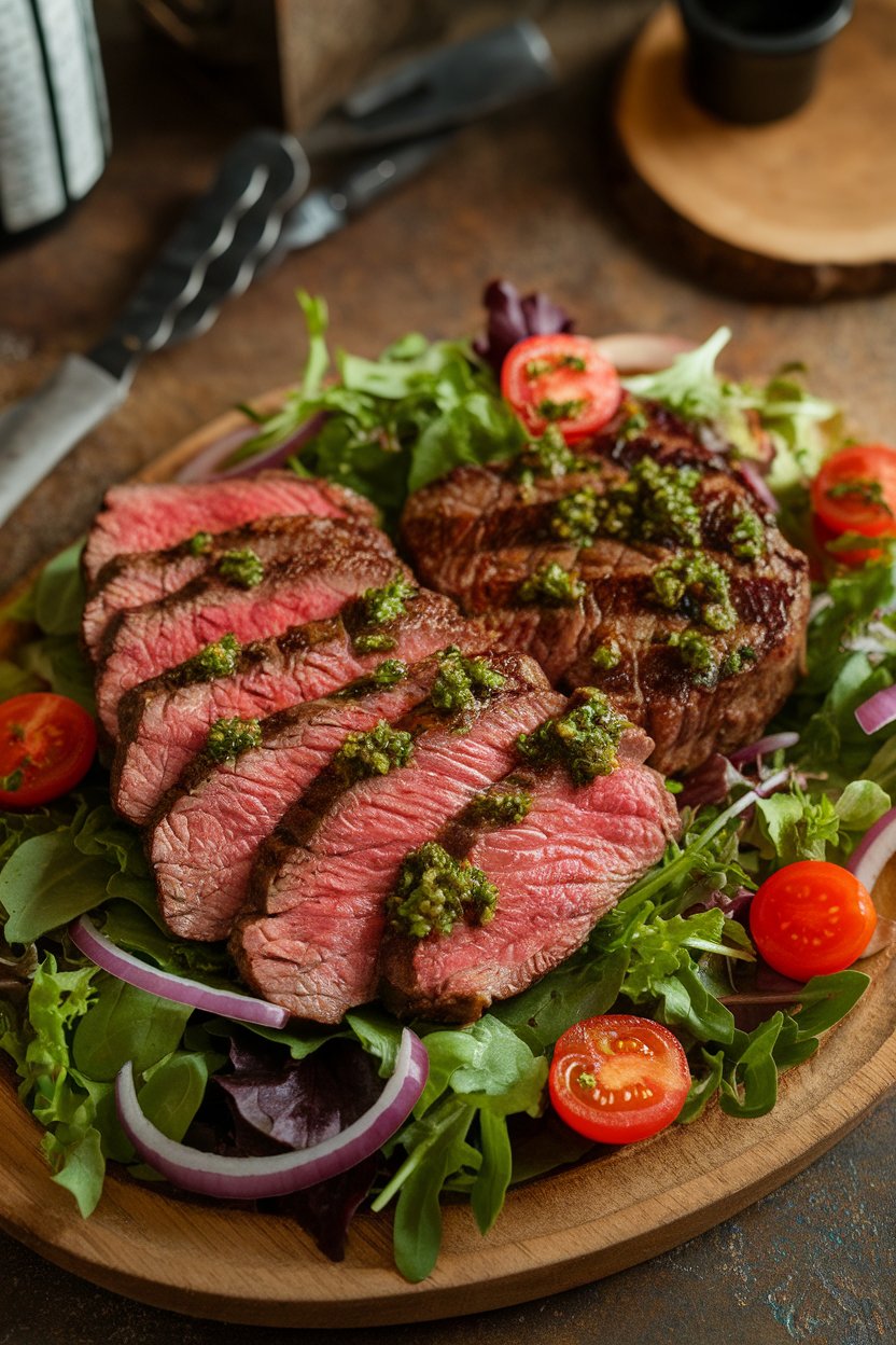 Indoor steakhouse-style platter with slices of medium-rare steak laid over mixed greens, cherry tomatoes, red onion, and a drizzle of chimichurri sauce. Photo only, no text or logos.