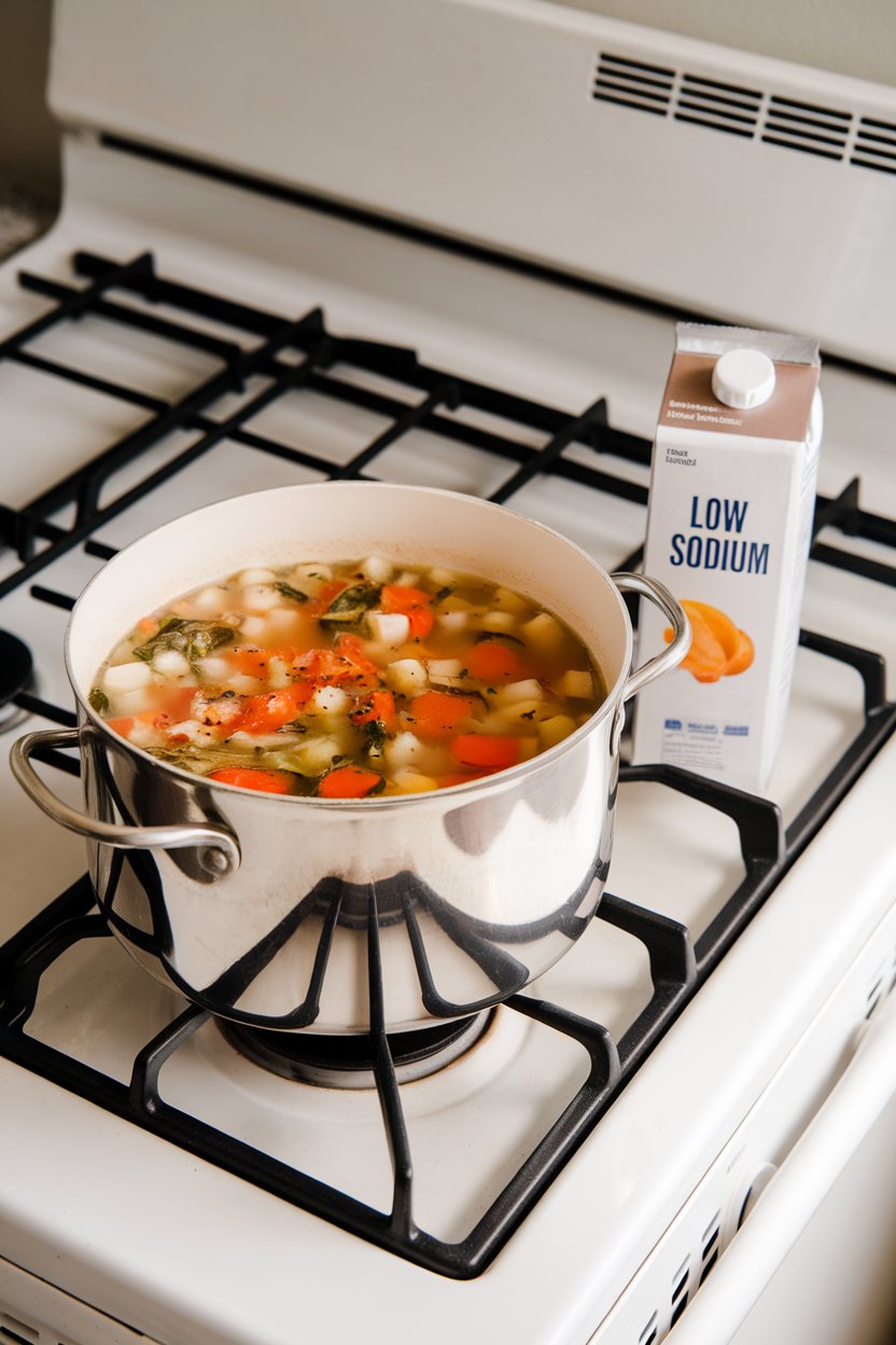 An indoor stovetop with a pot of vegetable soup simmering, a carton labeled “low sodium” turned away so only plain side shows. No other text or logos visible.