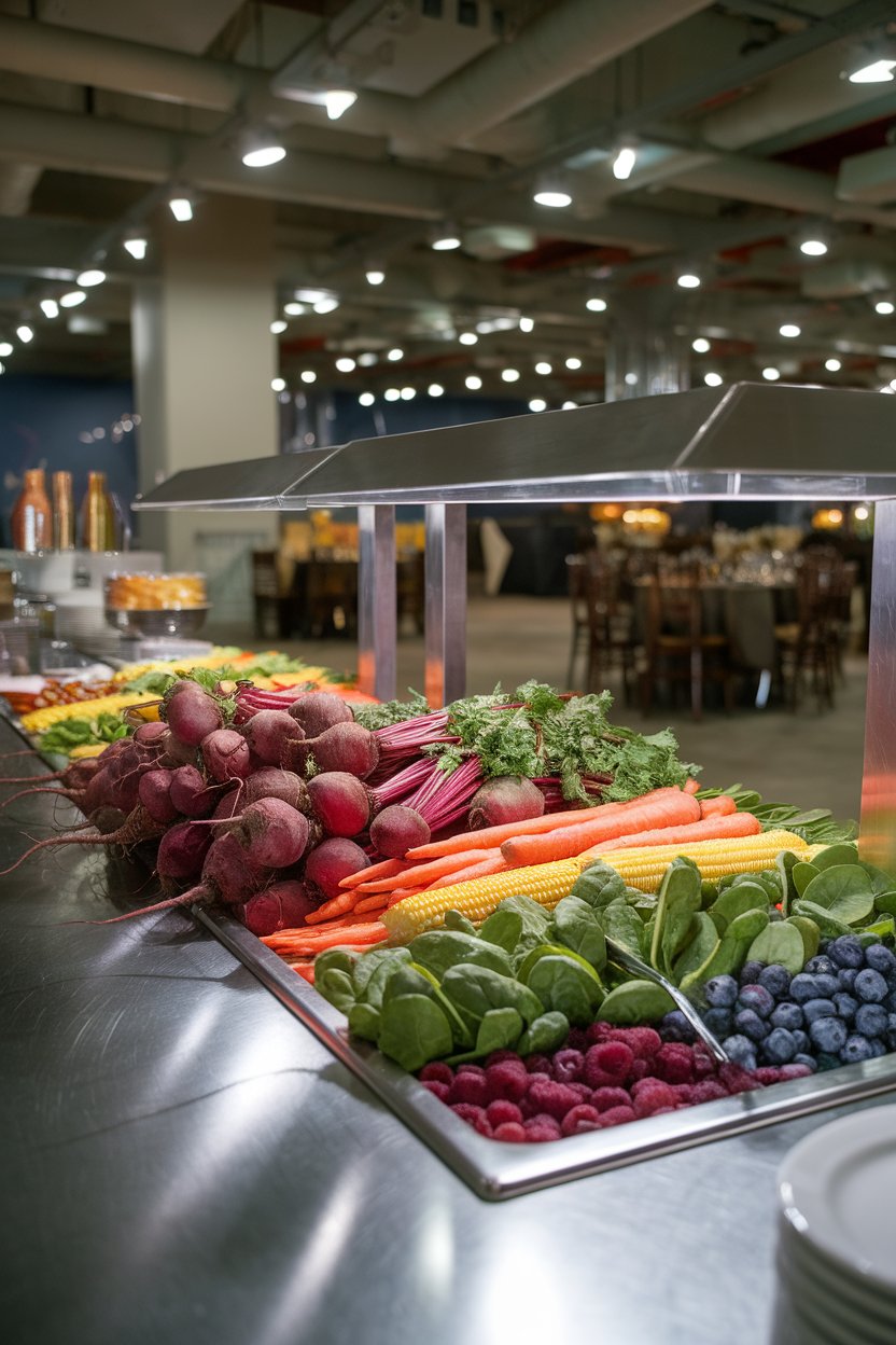 Photo of an indoor buffet table showcasing a rainbow salad bar: beets, carrots, corn, spinach, blueberries; bright overhead lights; no text or logos.