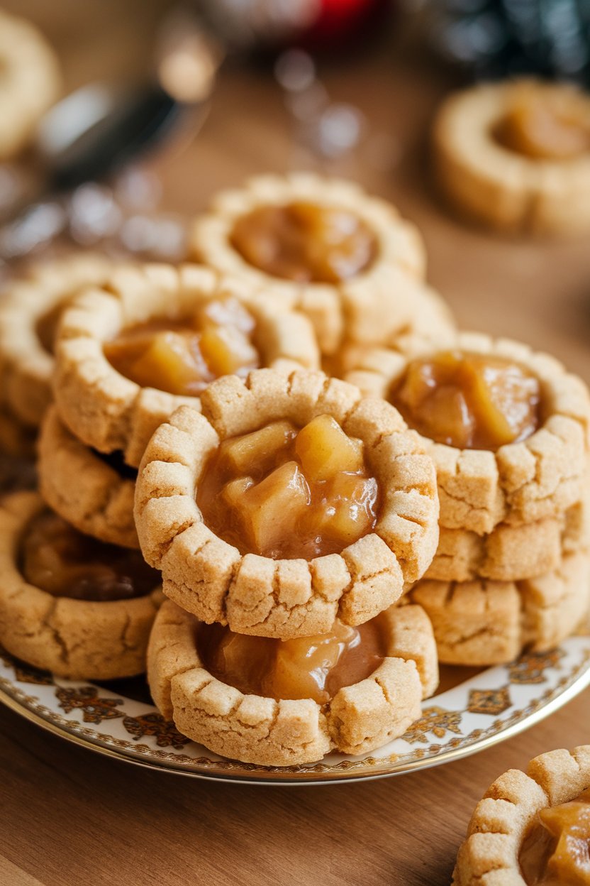 Thumbprint cookies filled with chunky apple-cinnamon compote, arranged on a festive indoor plate. No branding visible.