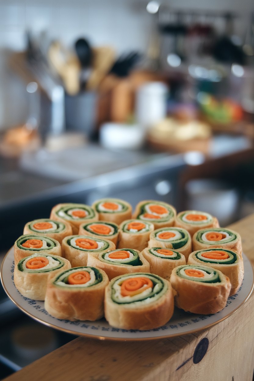 An indoor plate of pinwheel bread rolls filled with cream cheese, cucumber, and carrot strips; no text or logos.