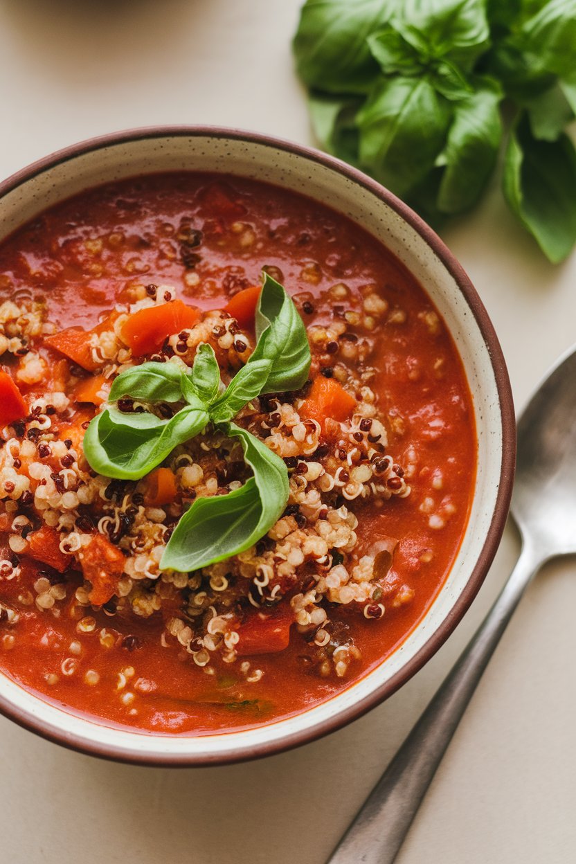 Indoor soup bowl of rich tomato quinoa soup garnished with fresh basil ribbons; spoon beside bowl; photo, no text or logos.