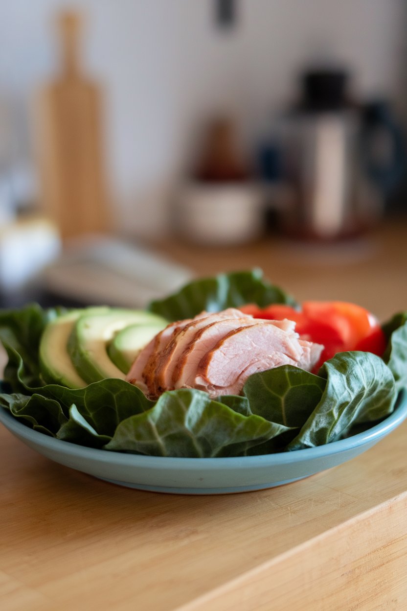 Photo of collard leaves wrapped around deli-style turkey, avocado slices, and tomato, placed indoors on a lunch plate. No branding or text visible.