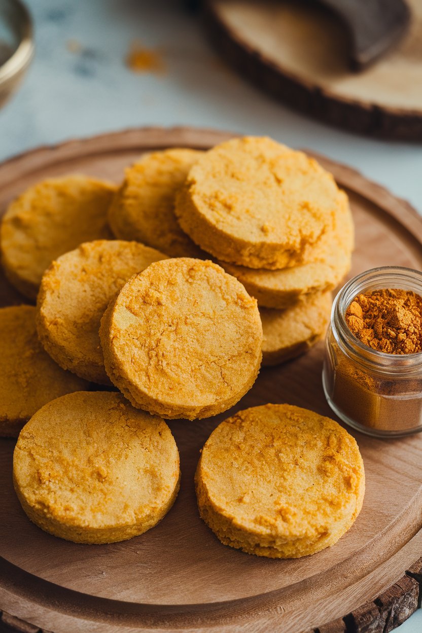 Round golden cookies with visible flecks of turmeric on a wooden indoor board, next to a small jar of ground ginger. No branding.