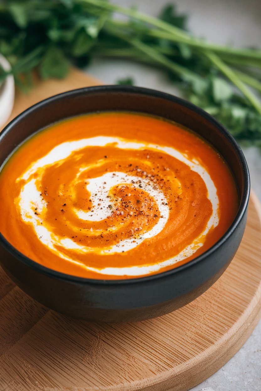 Indoor soup bowl filled with vibrant orange carrot soup, swirled with coconut milk and sprinkled with black pepper—no text or logos.