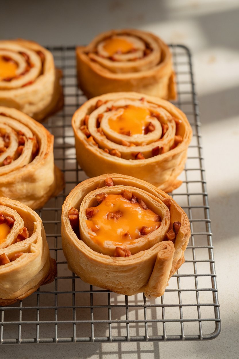 Spiral puff pastry pinwheels showing layers of melted cheddar and apple bits on an indoor wire rack. No text or logos. Photo.